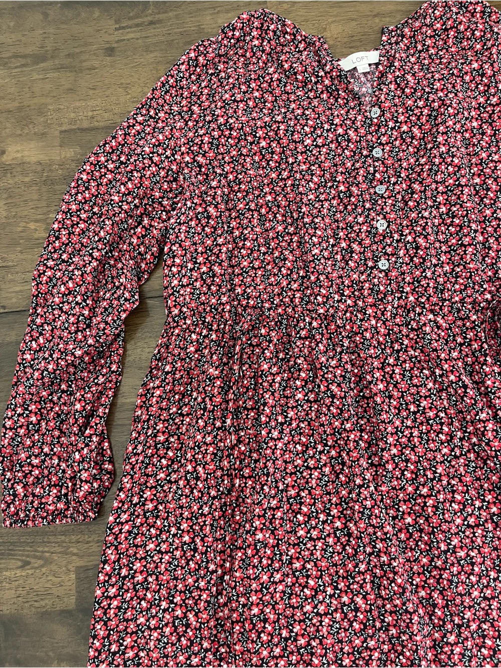 LOFT Black and Pink Floral Dress With Adjustable Ties and Buttons Flowy Large - Picture 3 of 9